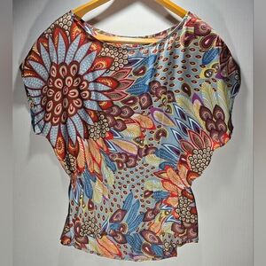 Floral Multicolor Women's Top by DOLLED UP size MEDIUM Sheer Cinched Waist